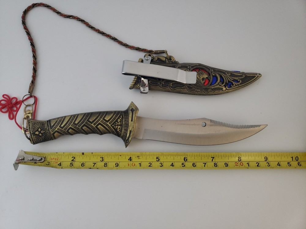 Exquisite Asian Design with-Blue/red Gemstone Silver Brass Dagger