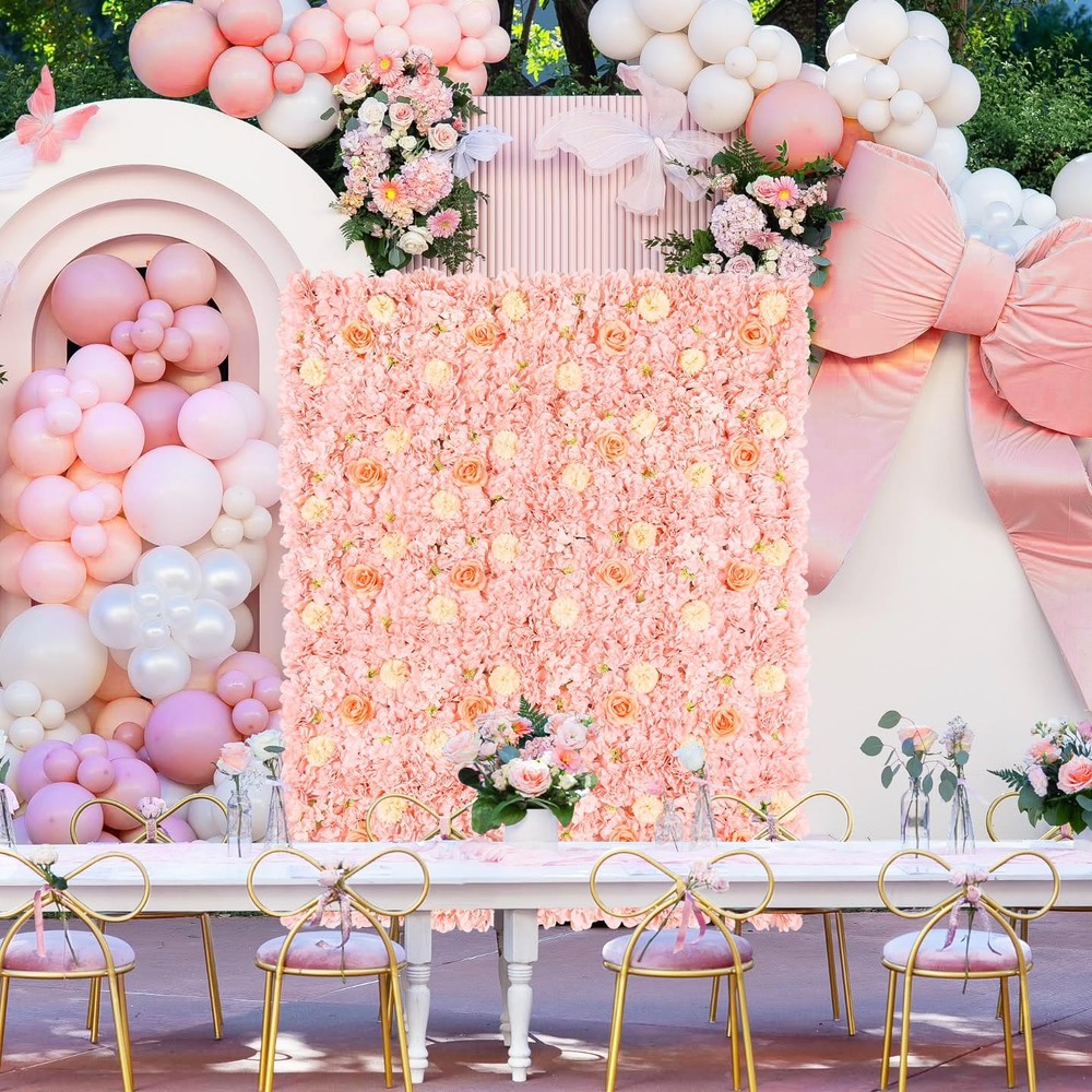 Artificial Flower Wall 5ftx3.74ft Peach Floral Backdrop Wedding Wall Panel Fa...