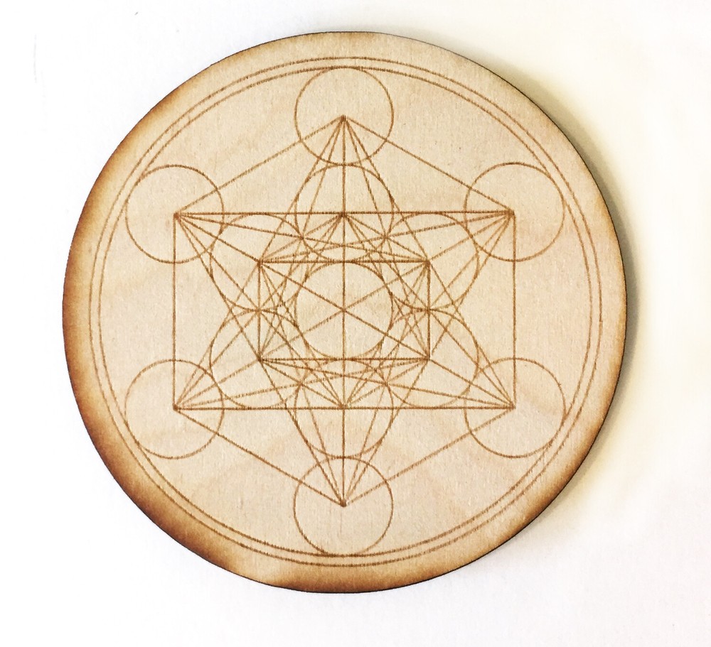 Laser engraved 6” Metratrone’s Cube Crystal Grid