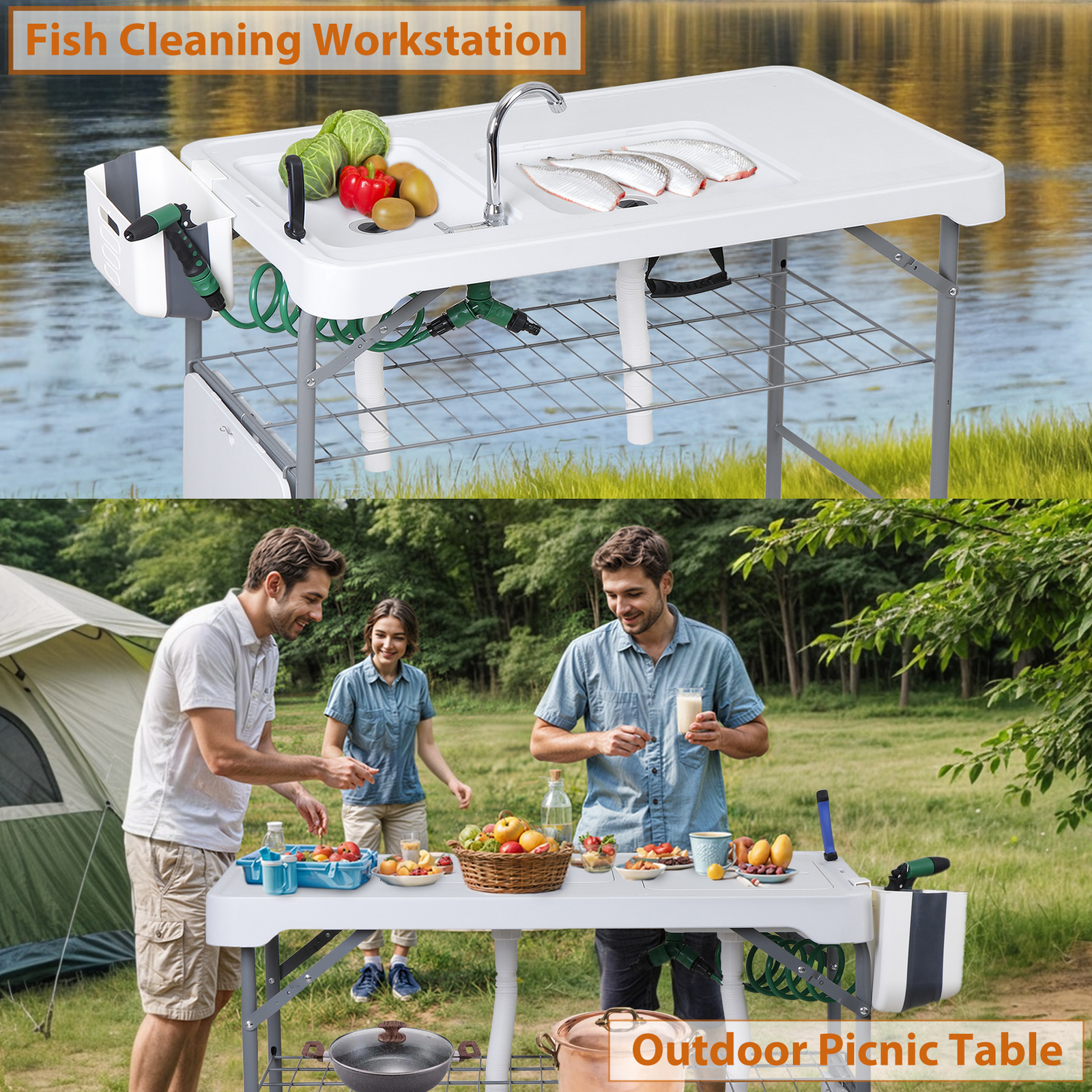 Fish Cleaning Table with Sink 42.6" Width Portable Folding Camping Table Patio