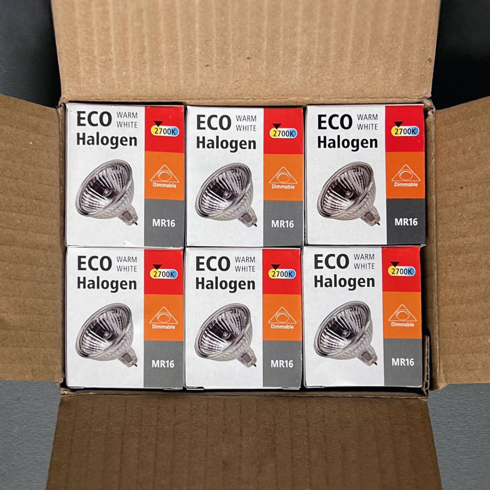ECO HALOGEN BULBS Box Of 6 (MR16) 12V/50W 2700k WARM WHITE Dimmable 2-Pin GU5.3