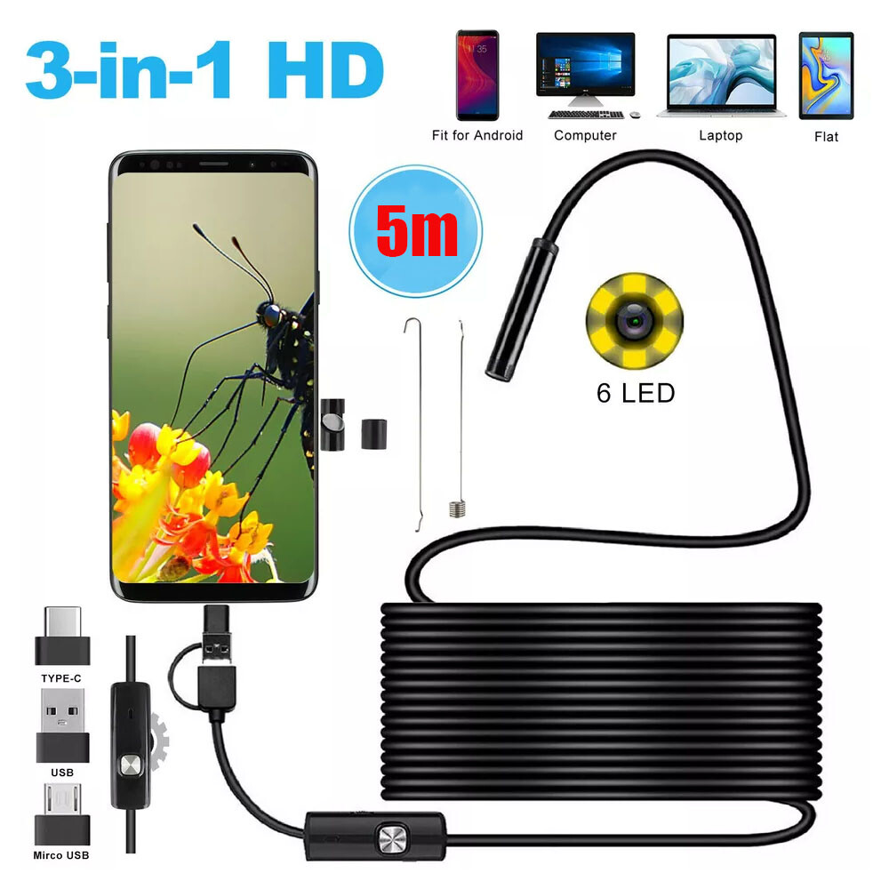 6 LED HD Snake Endoscope Borescope Inspection Camera for USB Type C Android PC