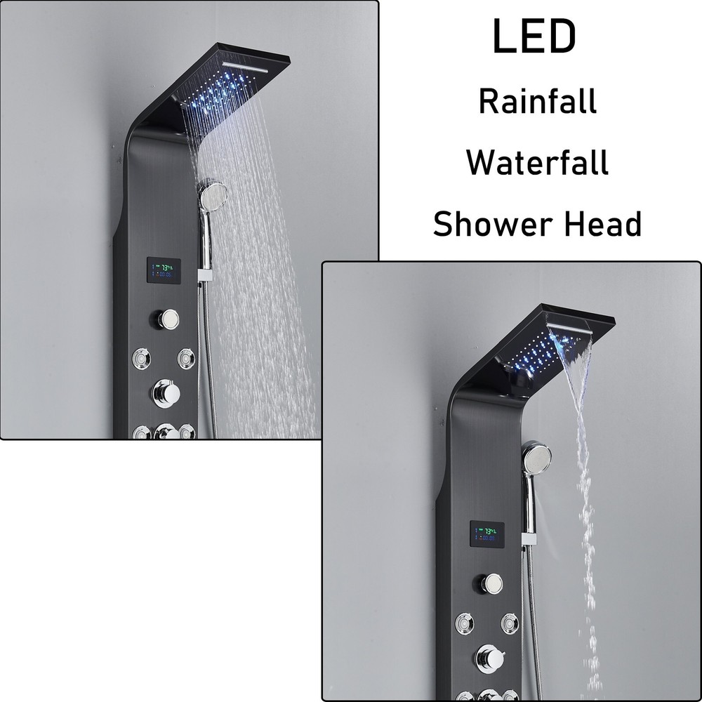 Black Shower Panel Tower System LED Rain&Waterfall Shower Head w/Handheld Shower