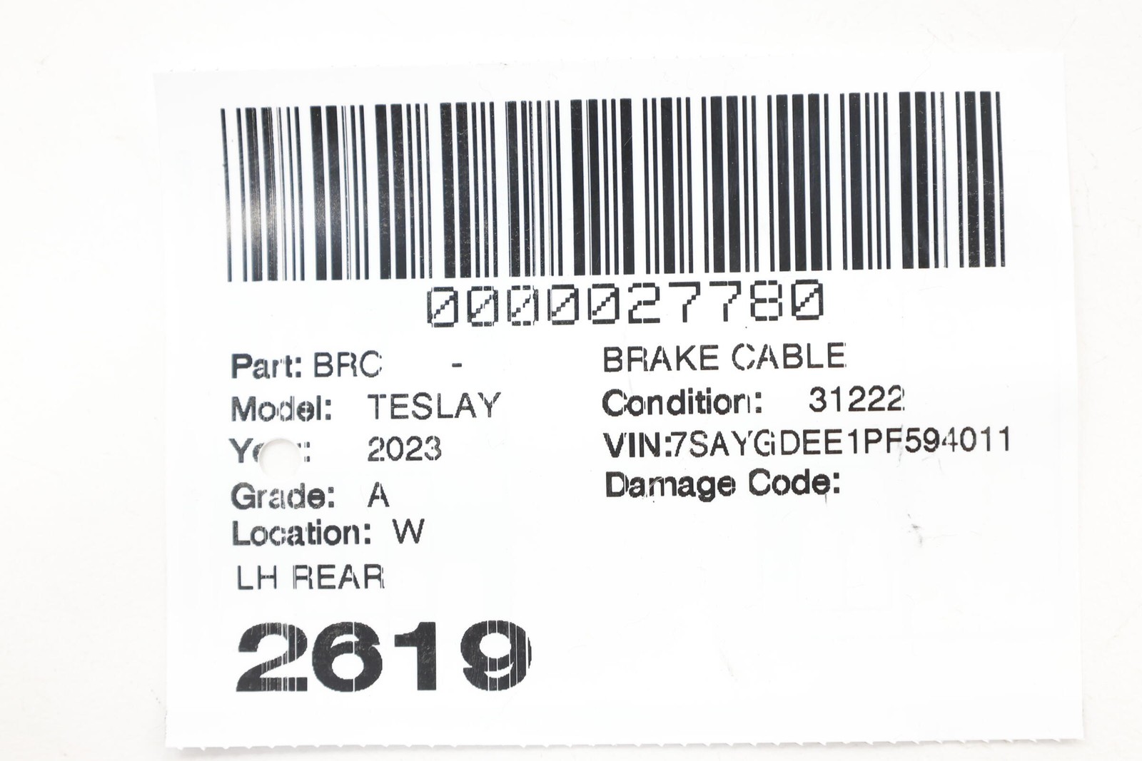 2020 - 2024 TESLA MODEL Y REAR LEFT PARKING BRAKE EPB WIRE WIRING HARNESS OEM