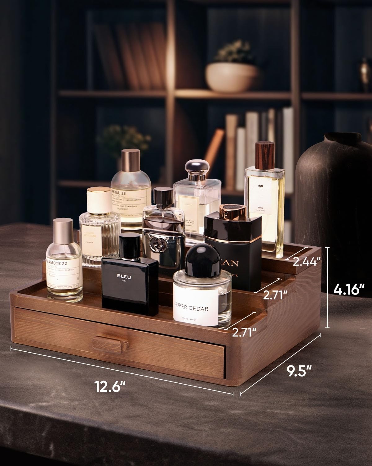 Cologne Organizer 3 Tier Wooden Stand W/ Drawer Storage Hidden Compartment Brown