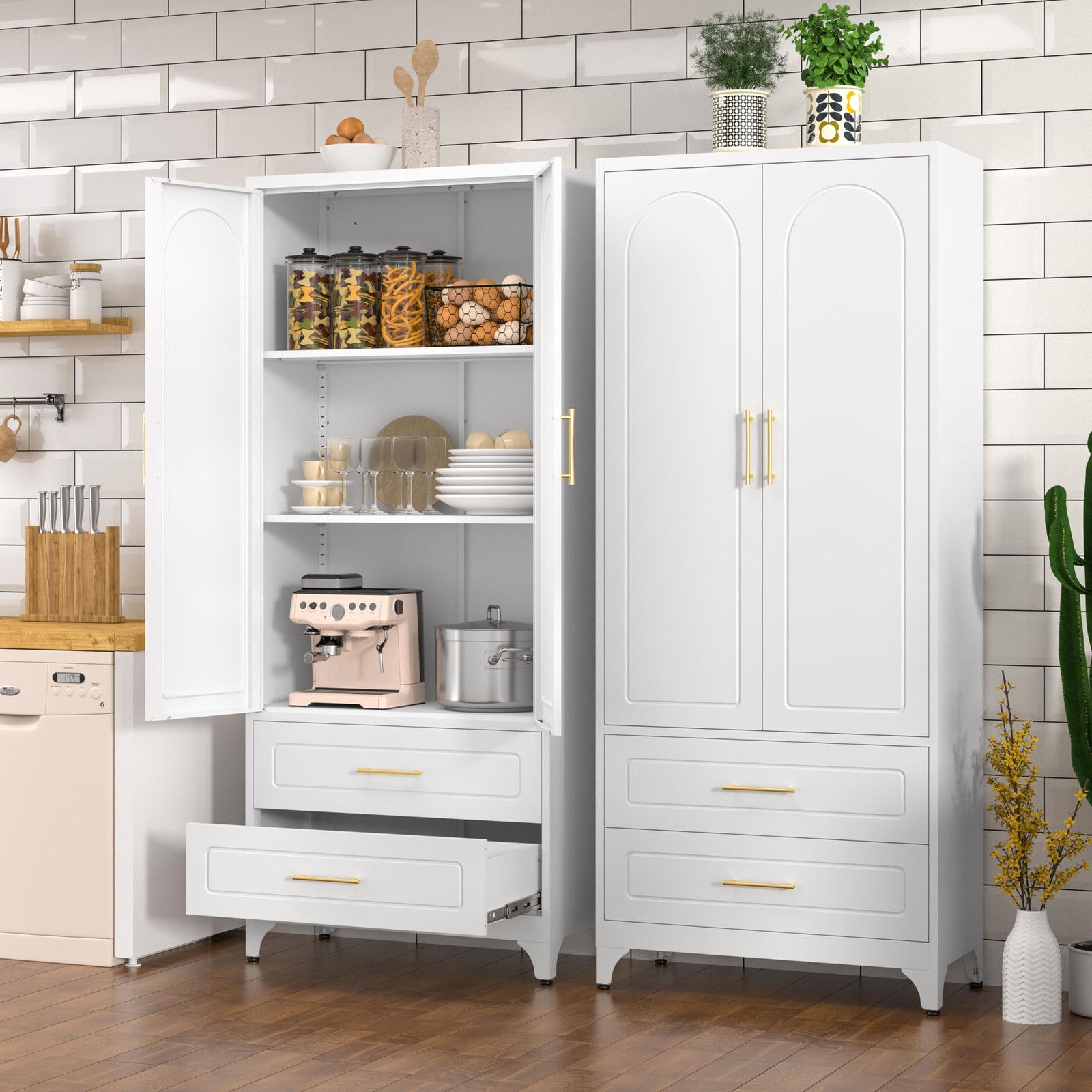 Kitchen Pantry Cabinet 75" Tall Metal Pantry Cabinet with Two Drawers