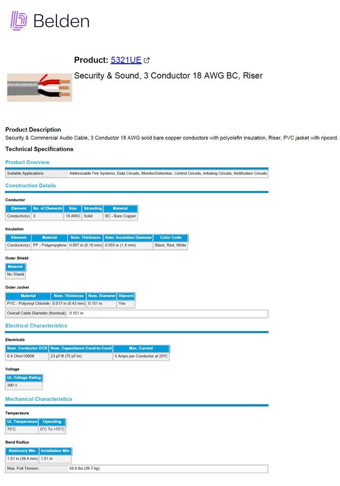 Belden 5321UE 18/3C Solid Communication/Security Cable Riser CMR Gray /100ft