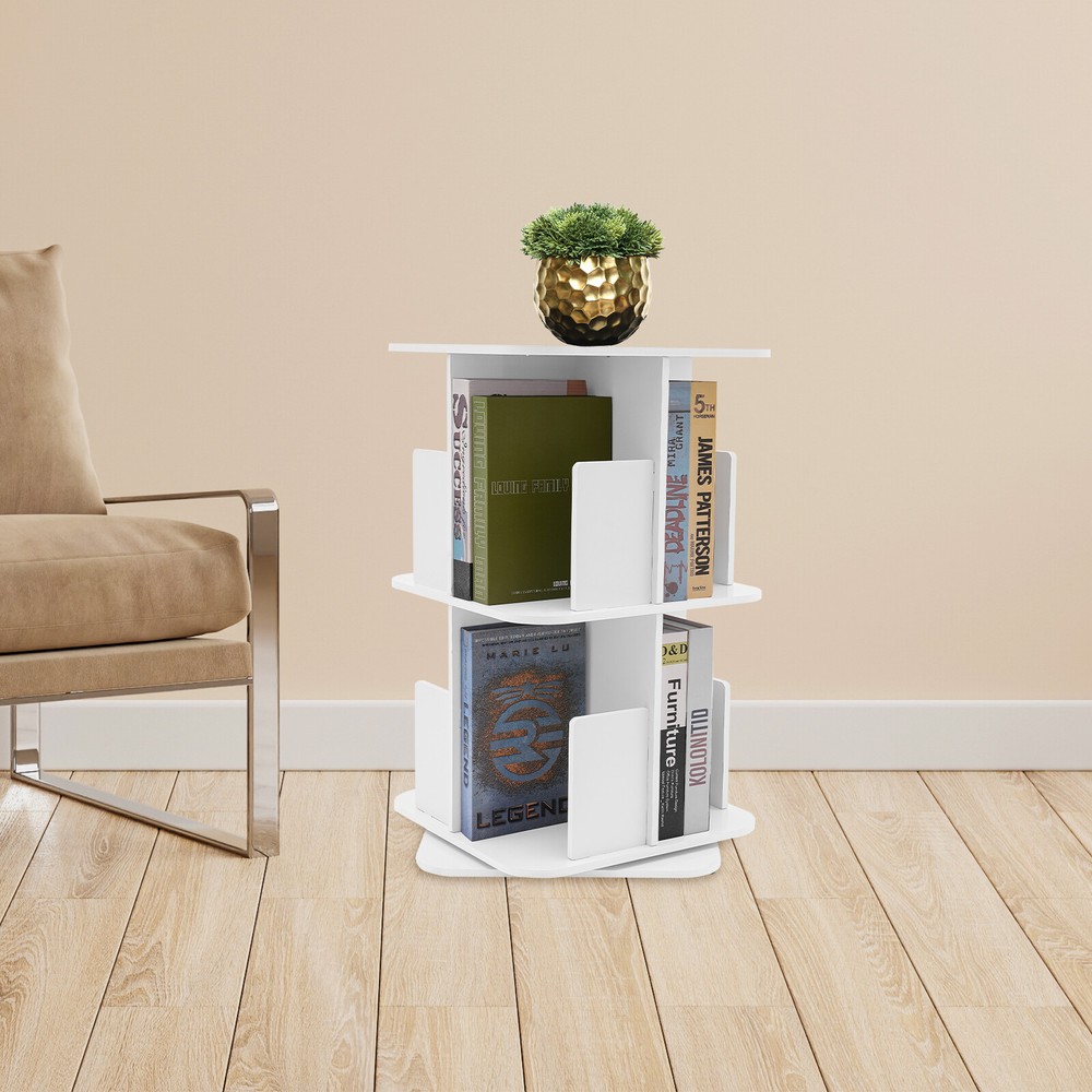 2-Tier Rotating Corner Bookshelf Open Display Storage Shelf Small Bookcase White