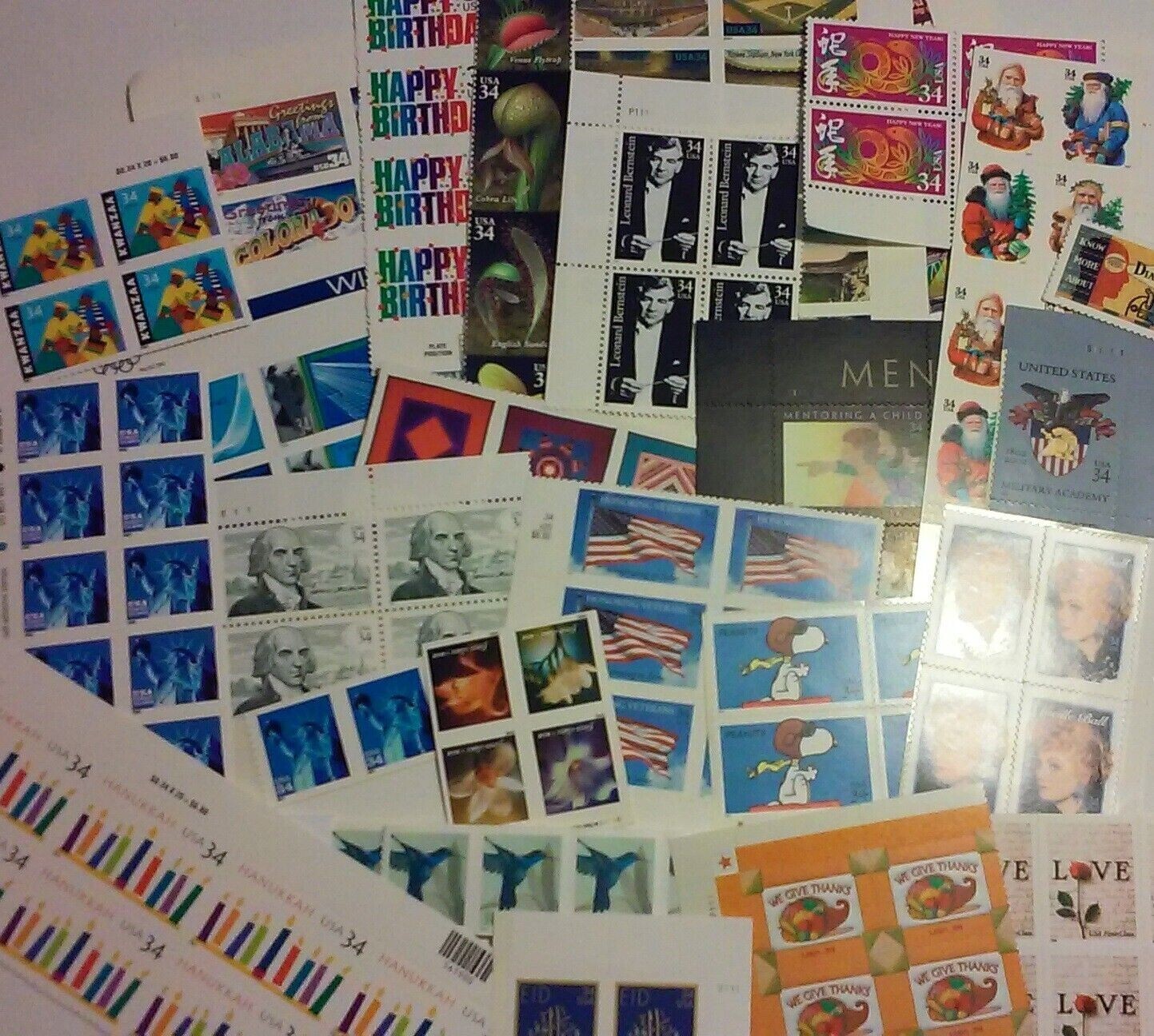 Unused 100 of Multiples & Strips & Singles of 34¢ US Postage Stamps. FV $34.00