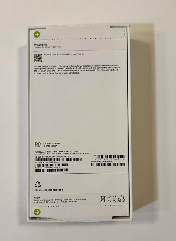 Apple iPhone 16 Pro Empty Box New w/USB-C Cable & Documentation Desert Titanium