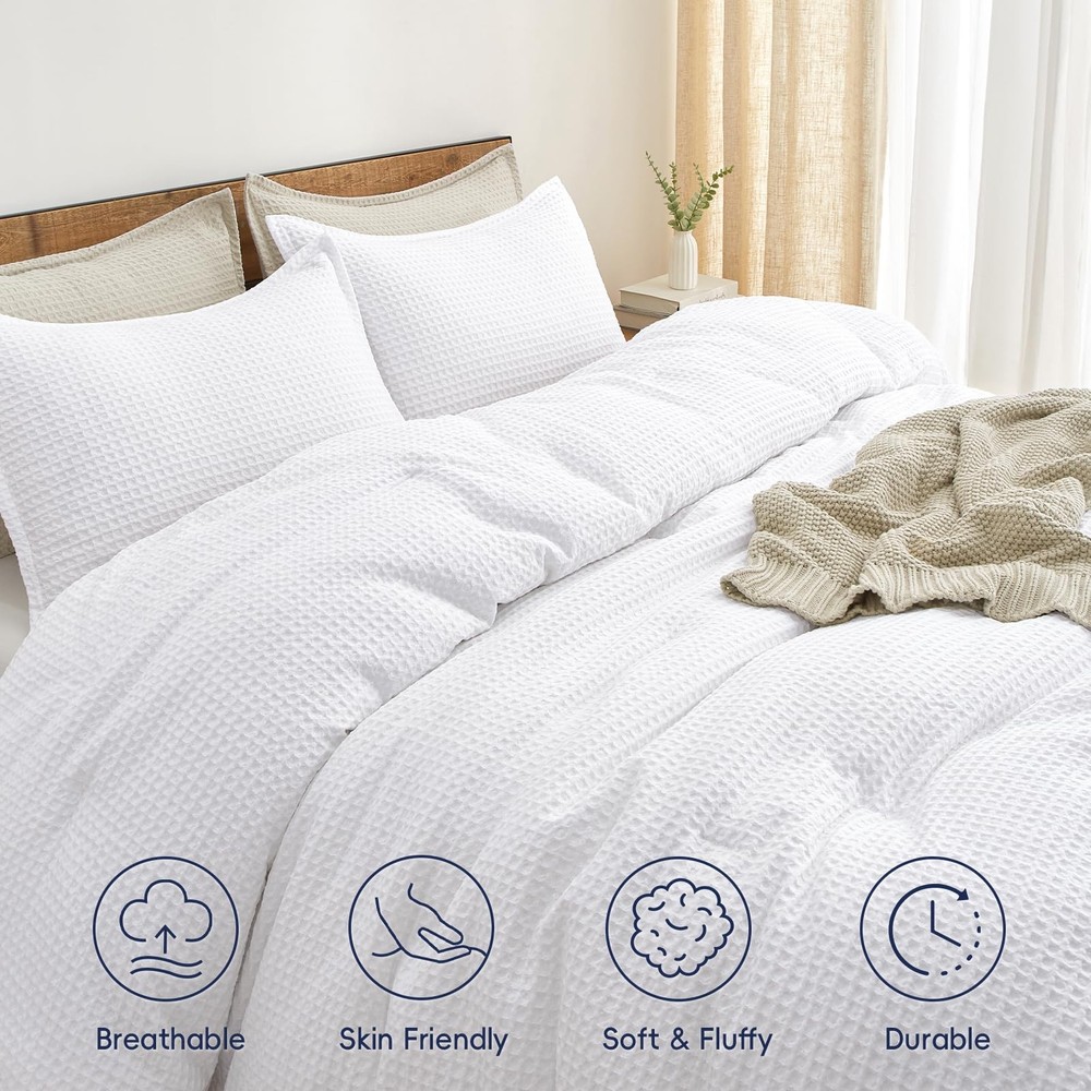 PHF Queen Waffle Weave Comforter Set 3pc White