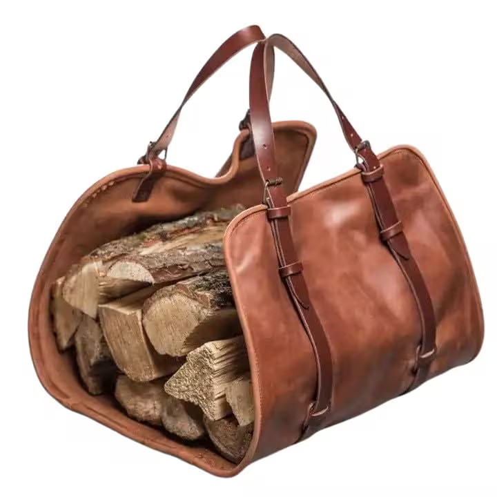 Handmade Leather Firewood Carrier Tote – Heavy Duty Log Wood Carrier Rustic Fire