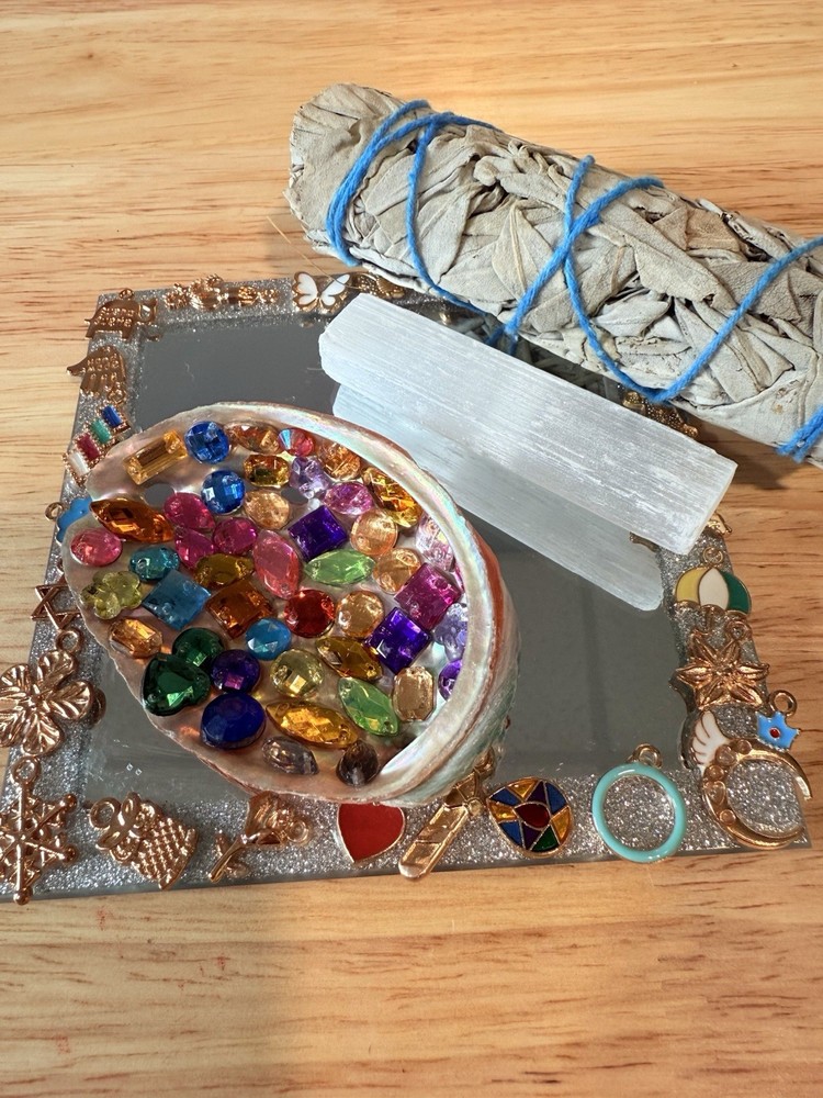 Abalone Shell, Flat Mirror, White Sage, Bundle, And Selenite Wand