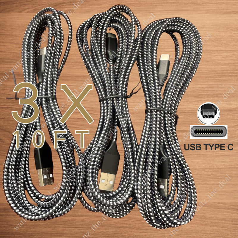 3-Pack 10FT Braided USB C Fast Charging Type-C Data SYNC Charger Cable Cord Lot