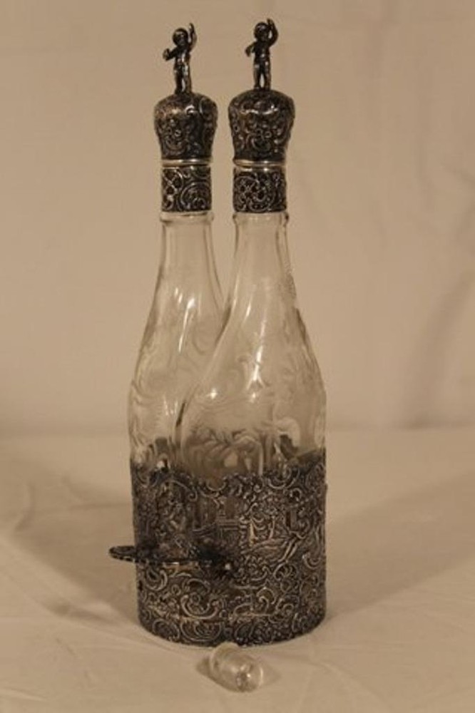 Antique Silver & Cut Glass Double Decanter.