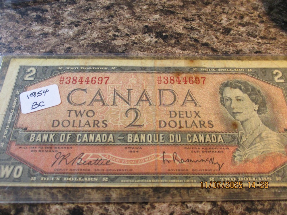 1954 CANADA $2 DOLLAR NOTE     BC