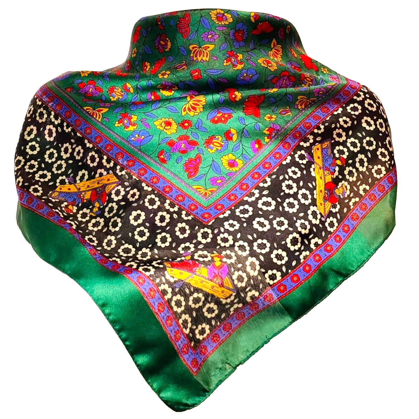 VTG Italy Square Scarf Asian Motif Couple in Boat Lotus Flowers Green 31x31"