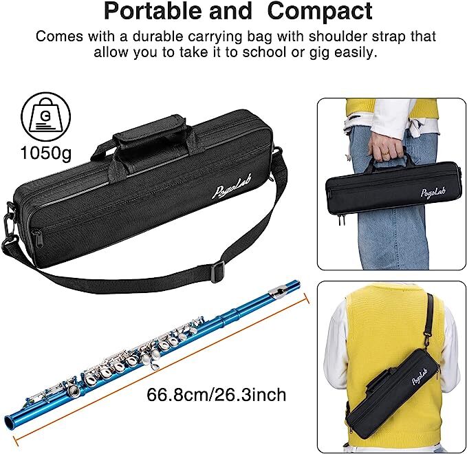 PogoLab CONCERT FLUTE | BLUE SCHOOL BAND WITH STAND HARD CASE & ACCESSORIES