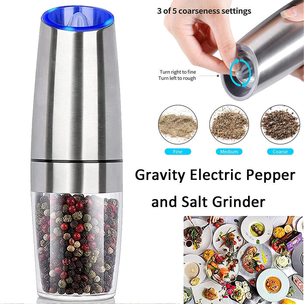 Gravity Electric Salt Pepper Mill Grinder Adjustable Coarseness Sensor LED Light