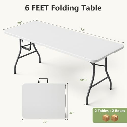 Folding Table 2 Pack, 6 FT Foldable Plastic Table with 6FT - 2 Pack White