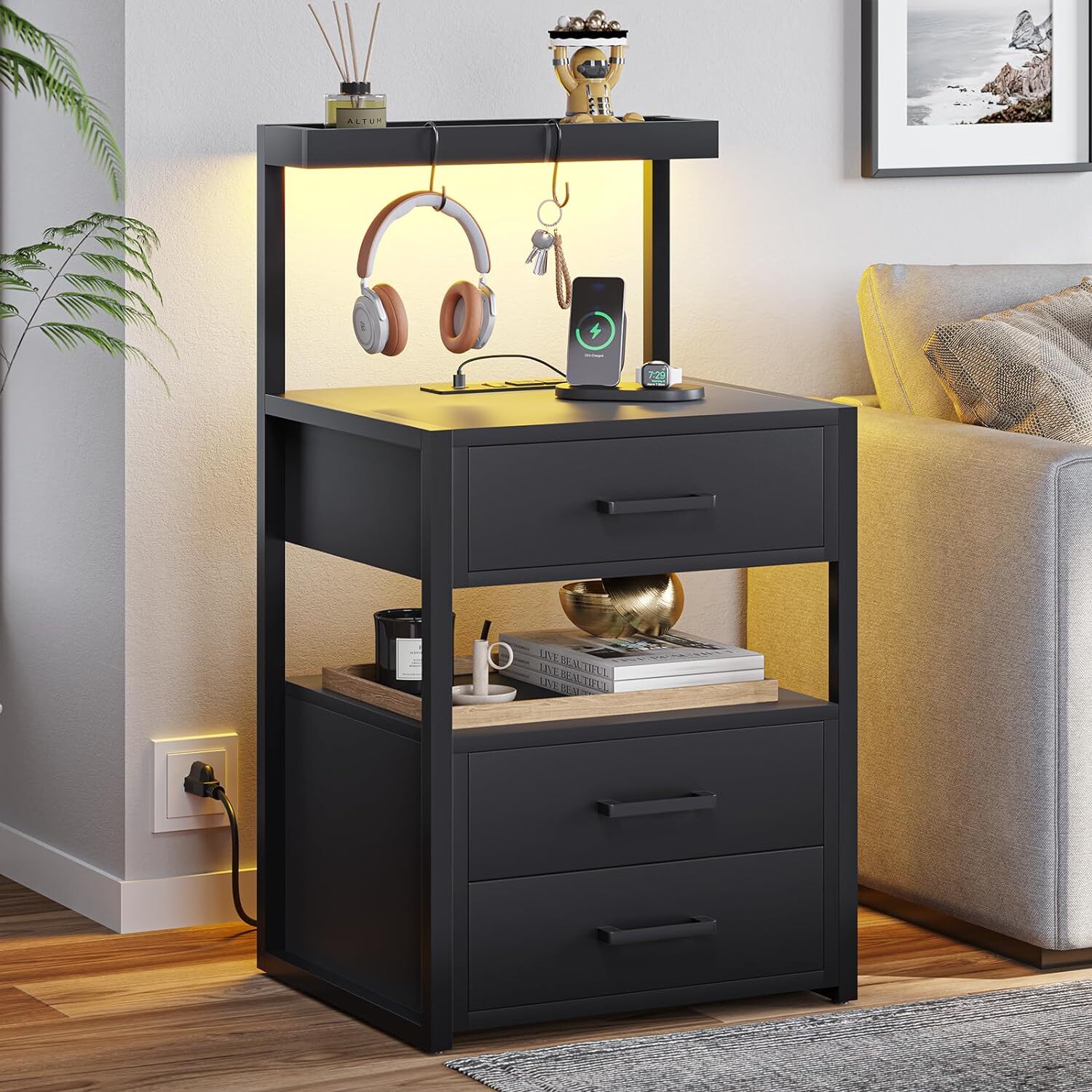 Led Nightstand with Charging Station, 3 Drawers Night Stand, Black Bedside Table
