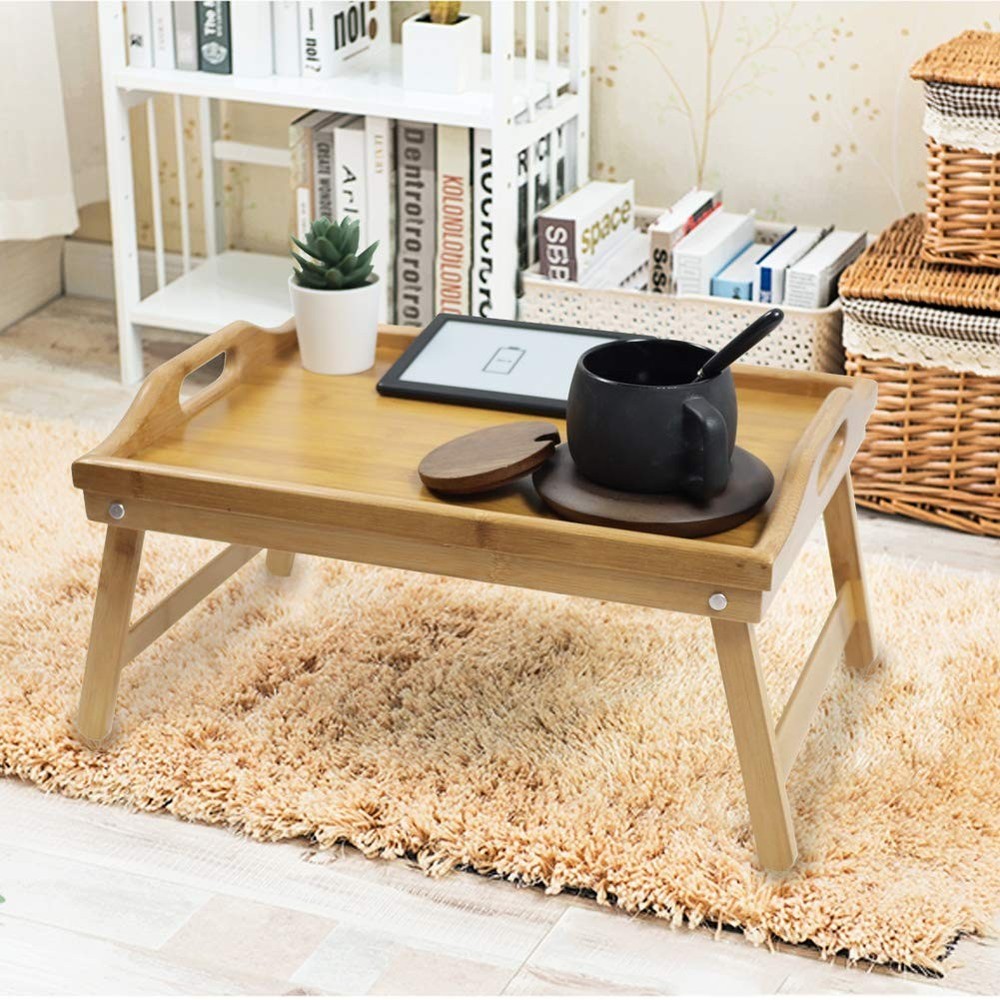 Sturdy Bamboo Bed Table, Foldable Legs, Eating, Office, Space Saver