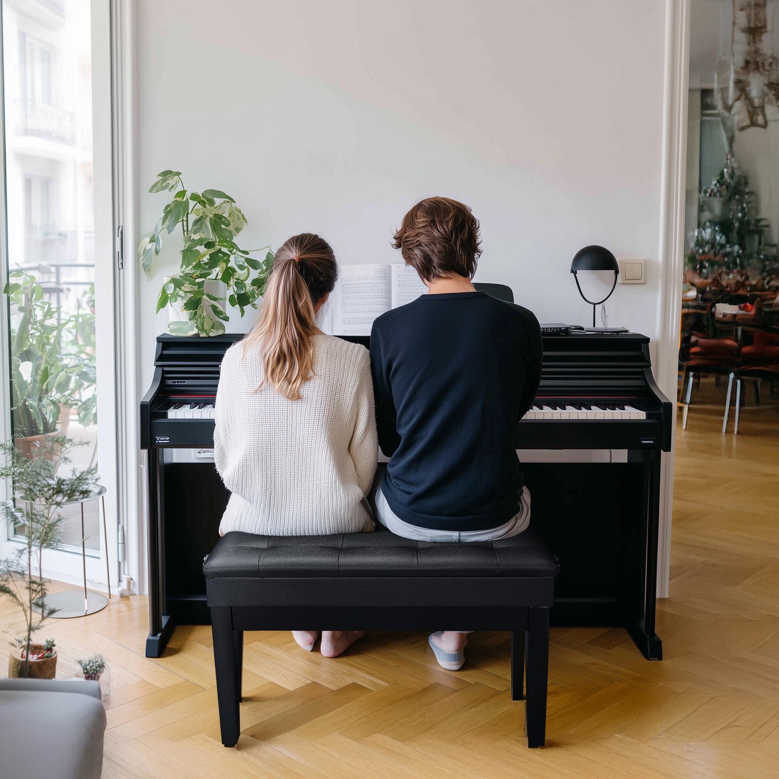 Adjustable Duet Piano Bench w/ Storage PU Leather Padded Wooden Keyboard Stool