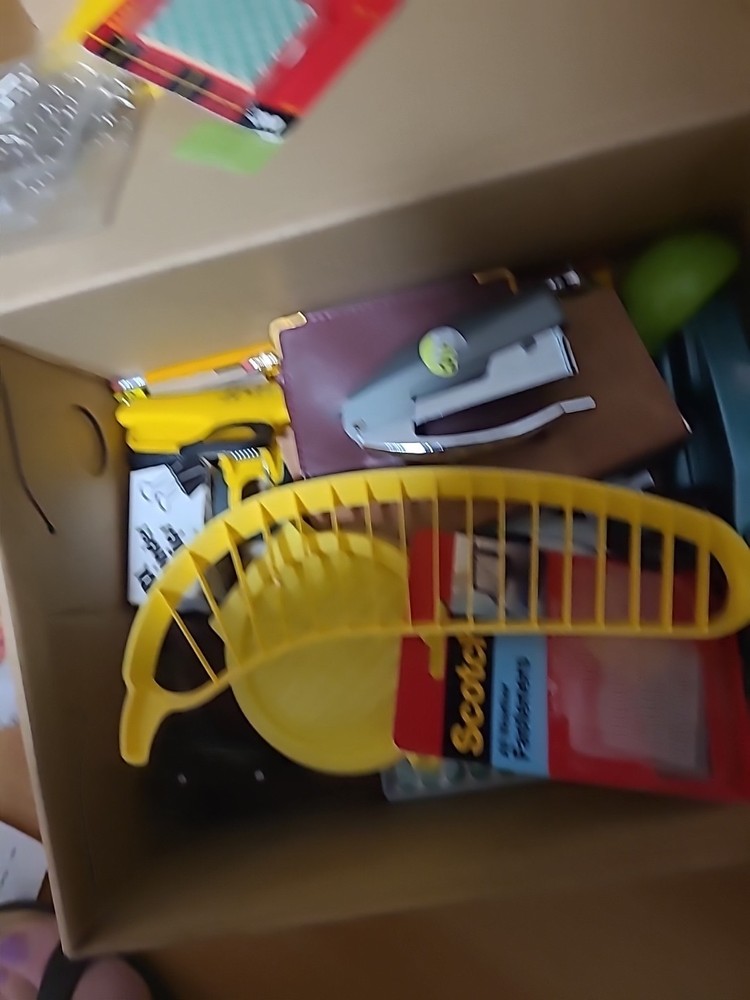 BOX OF HOUSEHOLD ITEMS: SCISSORS, STAPLER, ETC.