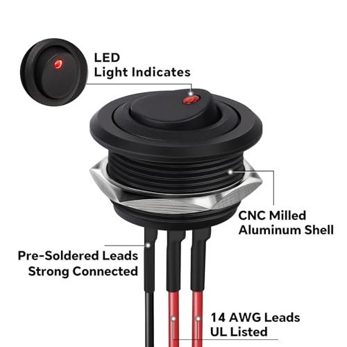 12V Aluminum Round Rocker Switch Red Lighted Toggle Switch Red Lighted-2Pcs