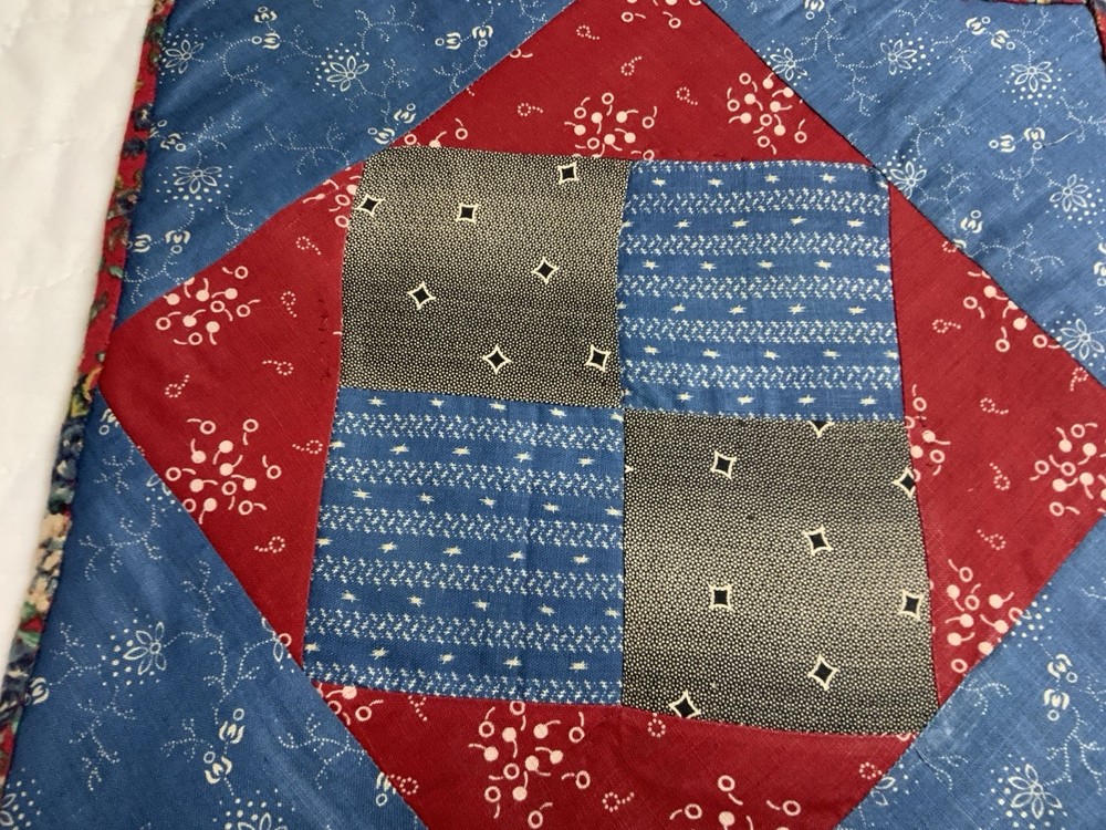 Antique Patchwork Quilt Table Topper, Four Patch W/ Triangles, Early Calicos