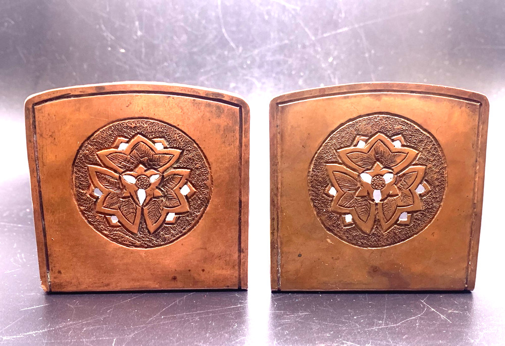 Antique Arts & Crafts copper small Sample Size Bookends on copper with script