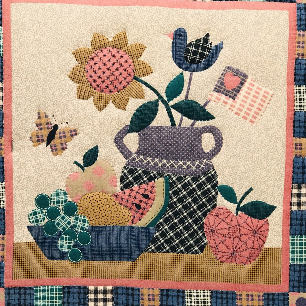Handmade Patchwork Quilted Floral Wallhanging In Solid Oak Frame 19x19 Inches