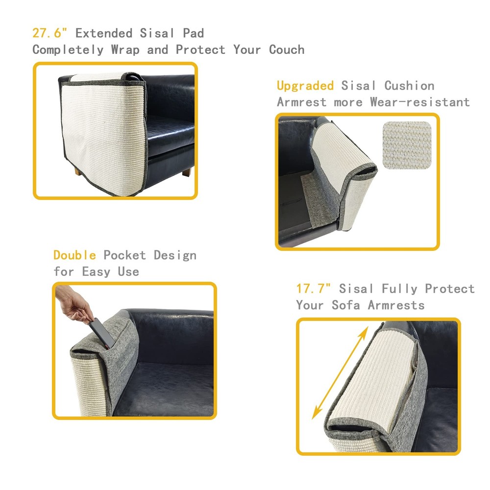 Fully Wrapped Cat Scratcher Couch- Natural Light gray right sofa armrest