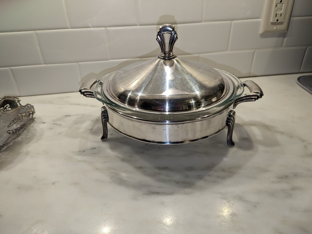 Vintage silver Plate Covered Casserole Dish w Pyrex Insert