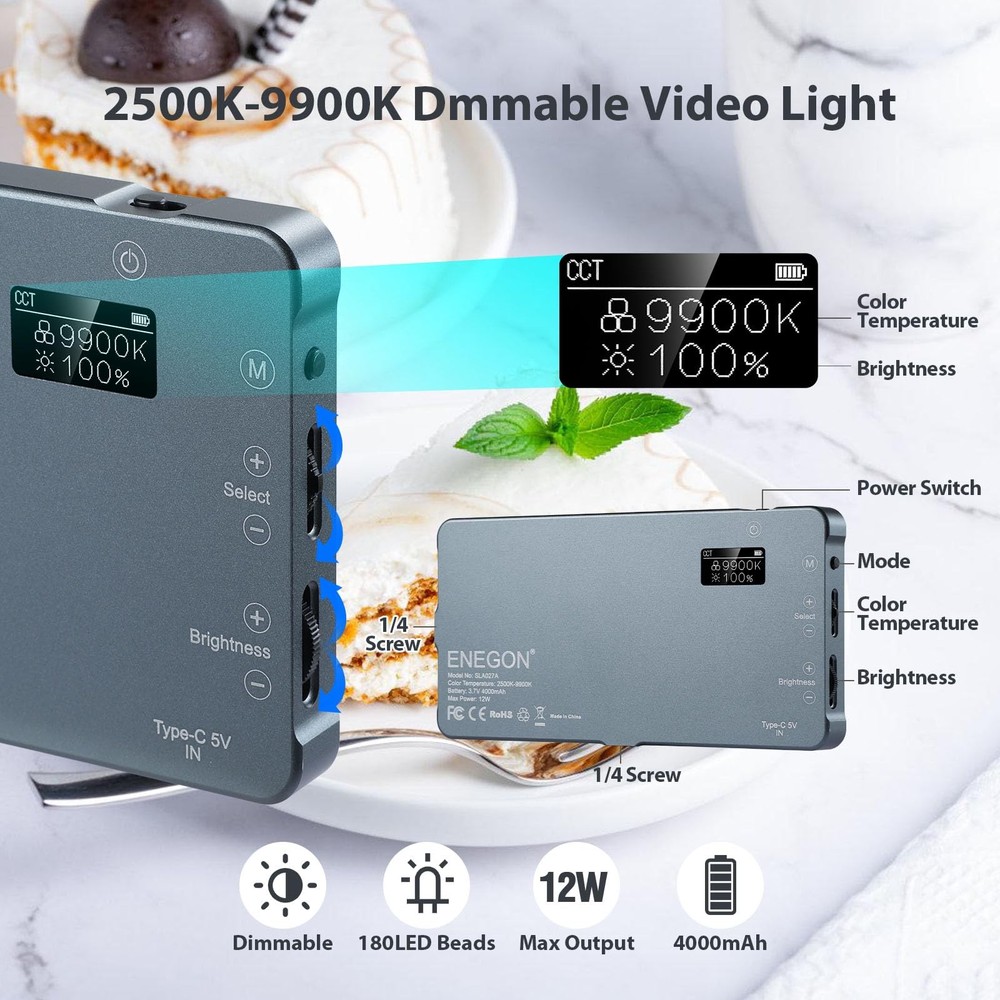 ENEGON 4000mAh Rechargeable Mountable Bicolor Video Light with Mini Panel for...