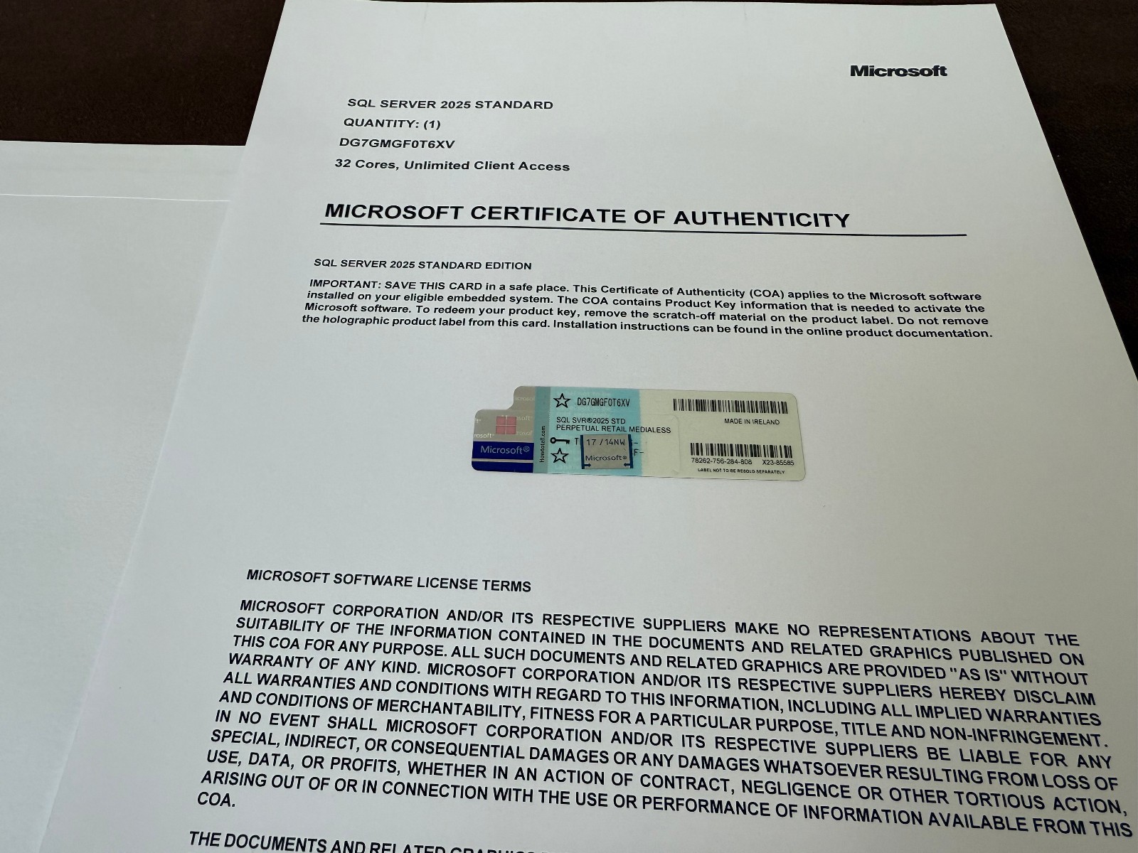 Microsoft SQL Server 2025 Standard 32 Core Unlimited User CALs CoA Authentic