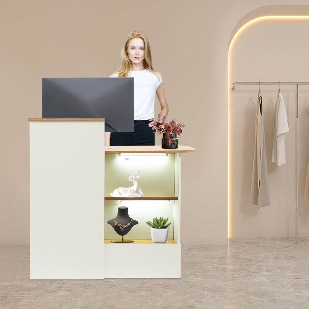 Modern Reception Desk with LED Lights, Office Front Counter & Storage
