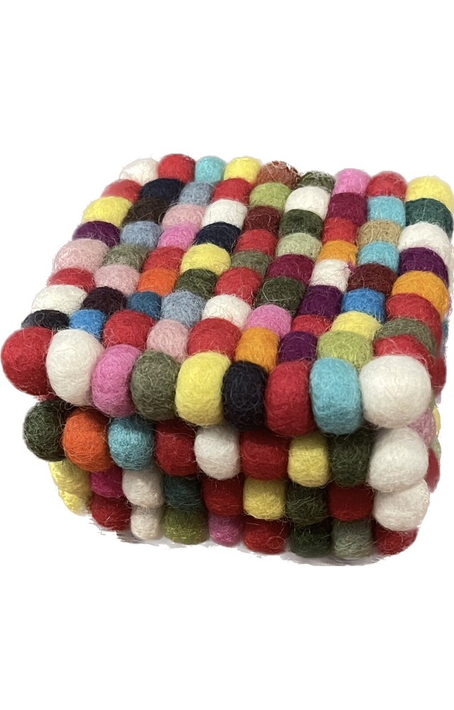 4” Set 4 Handmade Multicolor Felt Balls Coaster Trivet Square Wool Pom Nepal T2