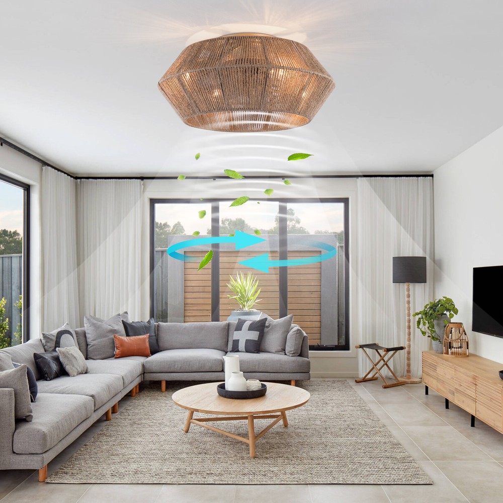 Rattan Caged Flush Mount Fan Light +Remote Control Ceiling Fan Boho Ceiling Fan