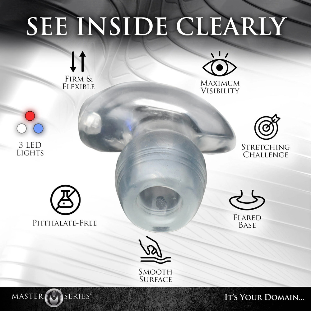 Light-Up LED Anal Dilator Clear Butt Plug Flared Base Open Deep Access Tunnel