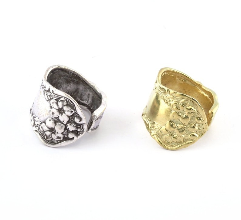 Spoon Ring Flower Patterned Adjustable Raw Brass-Antique Silver Plated 4053