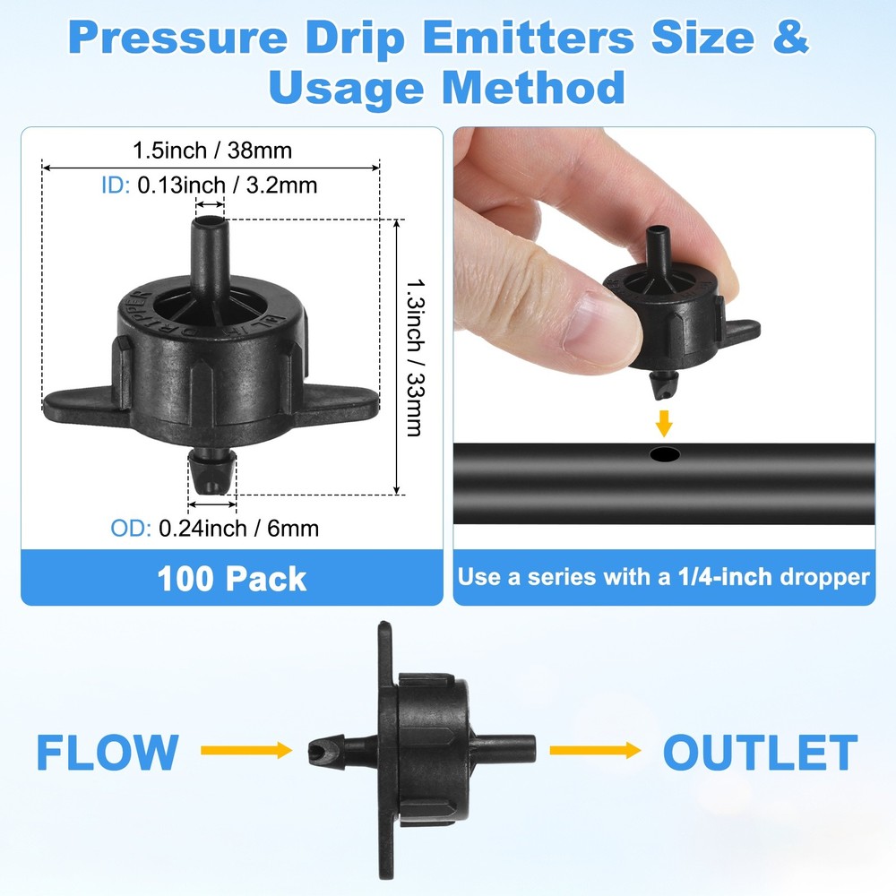 100-Pack Drip Irrigation Emitters, 1 GPH Plastic Irrigation Drippers [Black]