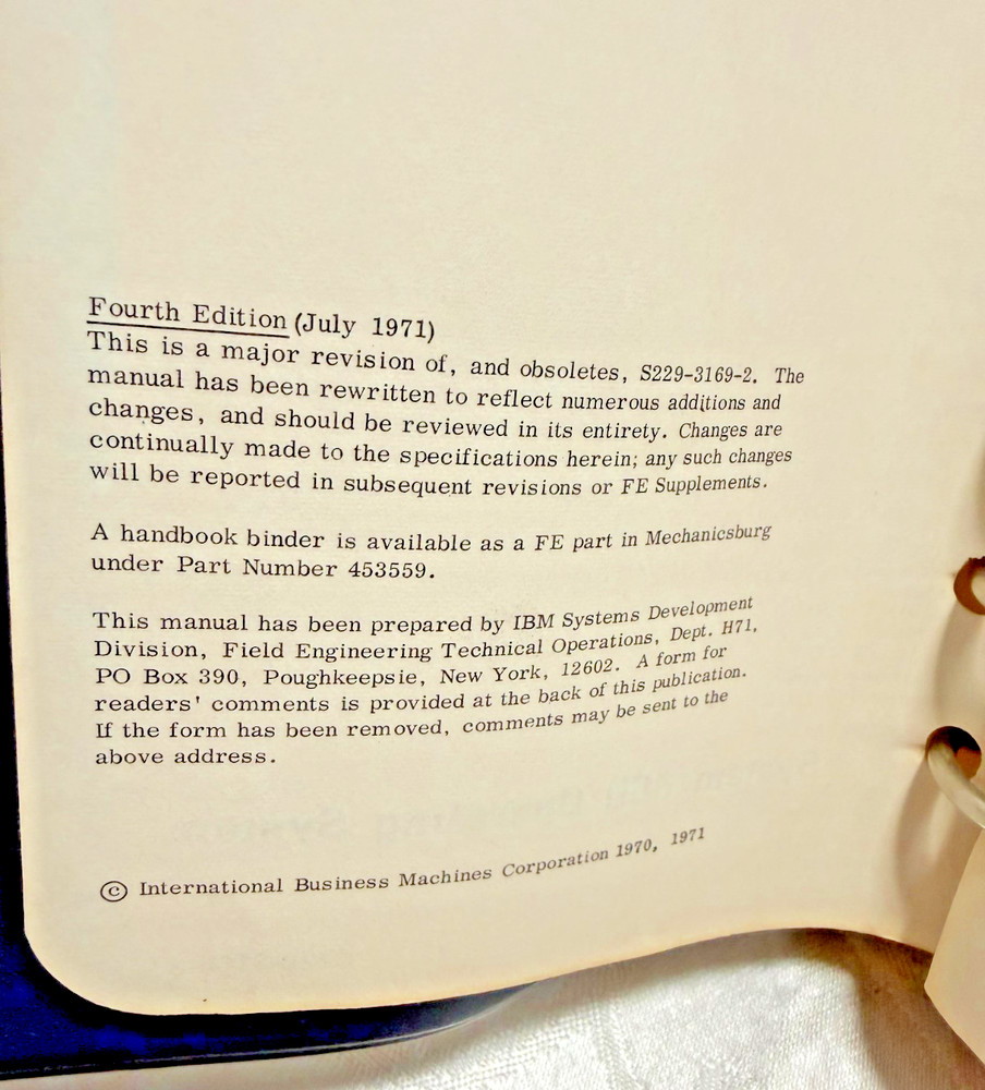 1971 IBM Field Engineering Handbook System/360 S229-3169-3 Tabs, Notes & Binder