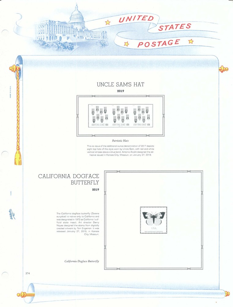 WHITE ACE 2019 US Regular Issue Plate Blocks Album Supplement USR-PB50