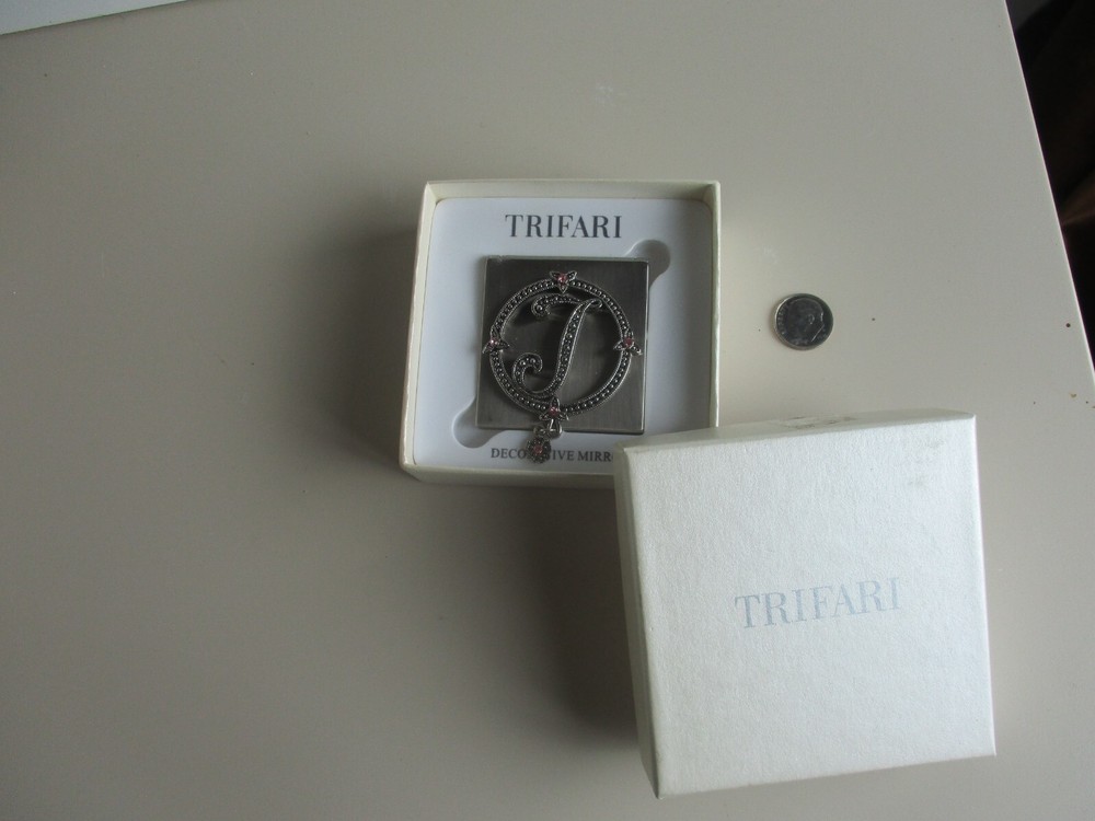 "T" Initial Trifari Silvertone Double Sided Decorative Mirror NIB