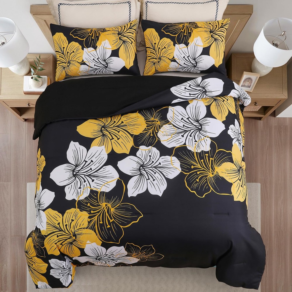 Queen Comforter Set Black/Gold Floral Bedding Comforter Sets Soft Microfiber ...