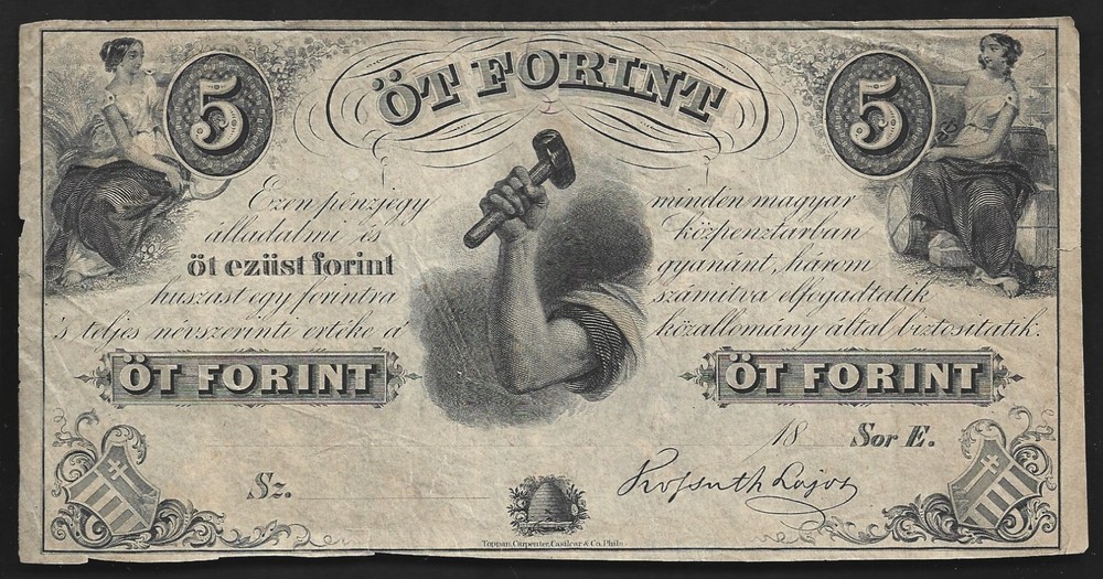 Hungary 5 Forint 1852 Large Banknote