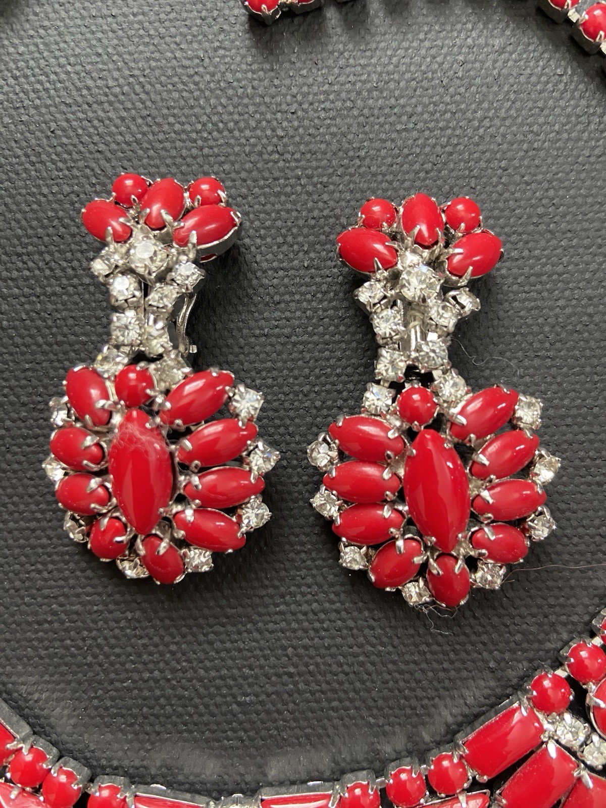 Vintage By Gale Demi Parure Deep Red Rhinestone Choker Bracelet Clip Earrings