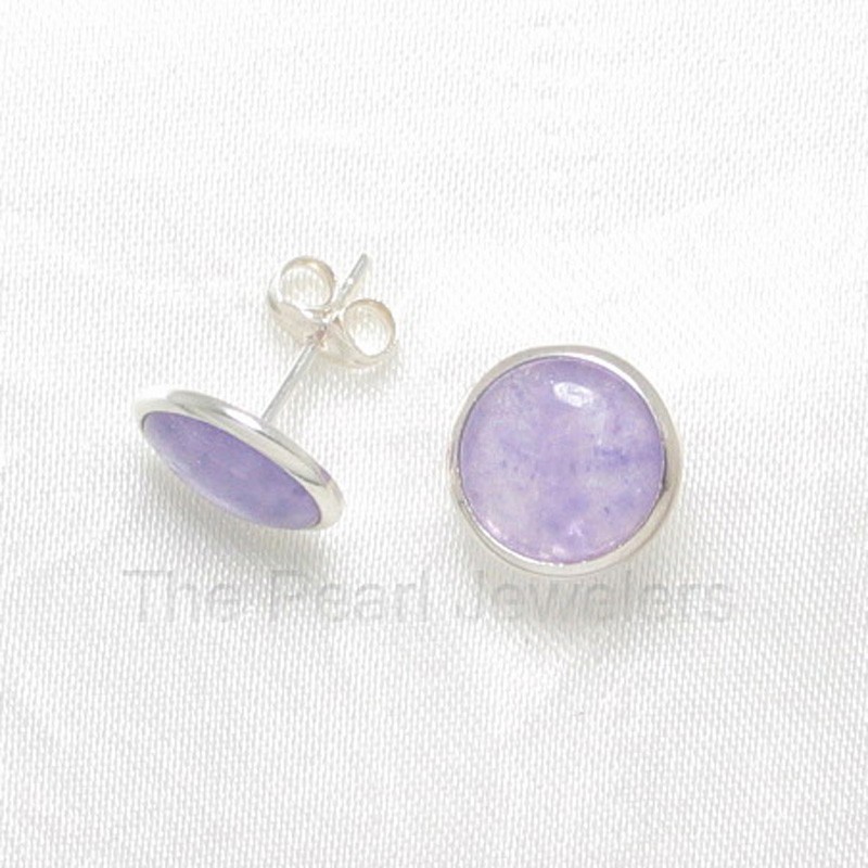 Solid Sterling Silver 925 Lavender Jade Dome Tablet Stud Earrings