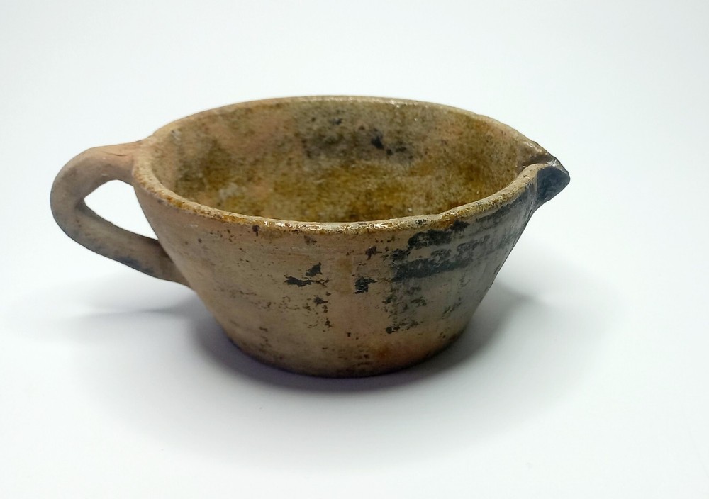 Antique clay cup with handle and spout - Handmade ceramic tableware.